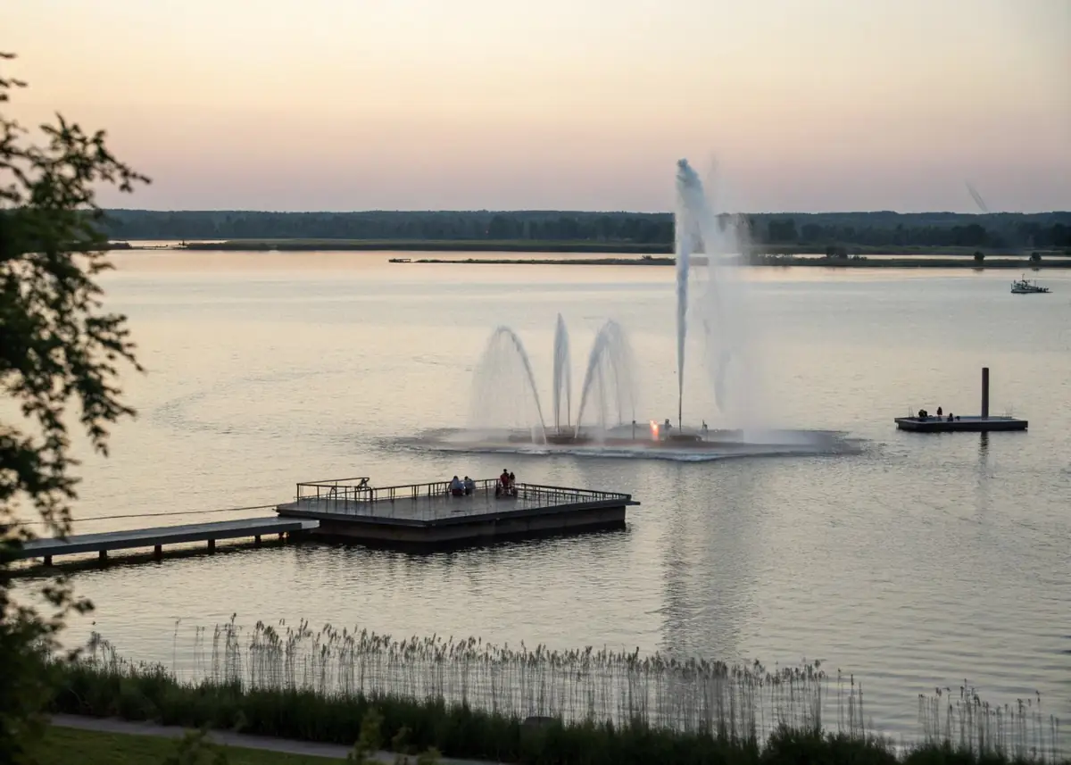 Плавающий фонтан на водохранилище